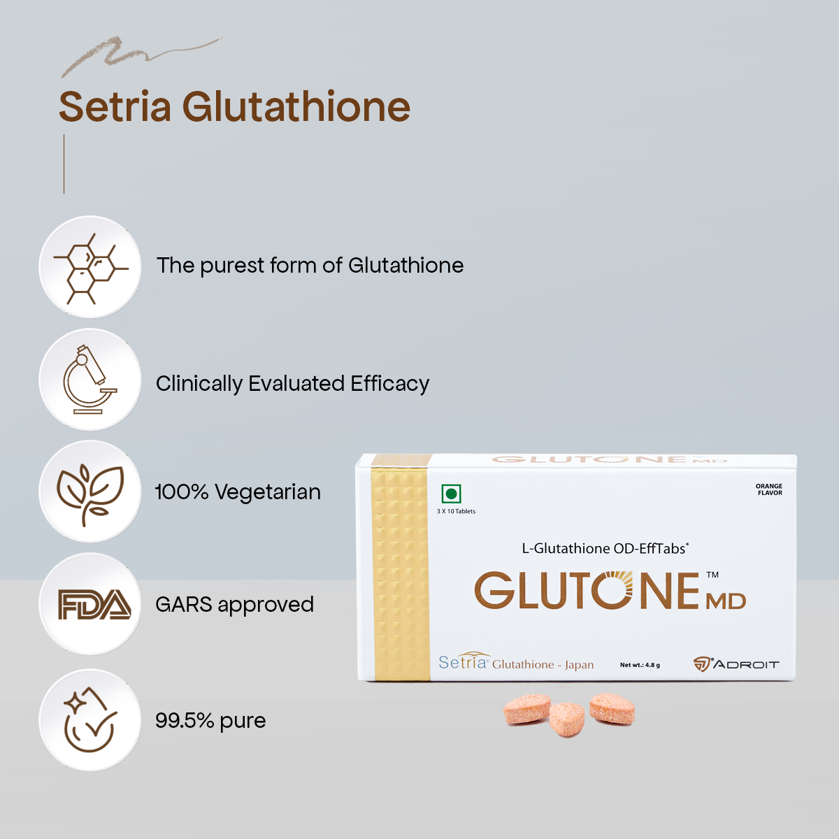 Glutone MD – Glutathione Mouth-Dissolving Tablets| Made with Setria L-Glutathione 100mg| Radiant Glow & Even Skin Tone| 30 Tablets (Orange)(PO4)