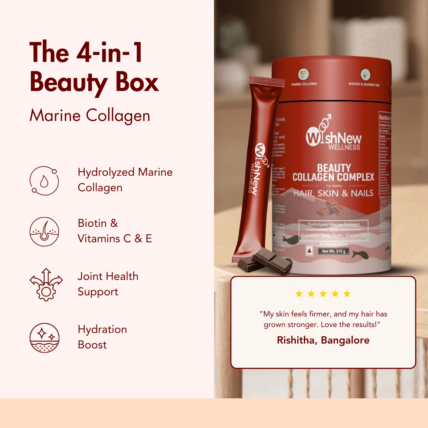 WishNew Wellness BEAUTY COLLAGEN COMPLEX | Enhanced Hair, Skin, Nails Health | 21 Servings of Nutrient-Rich Sachets | Hyaluronic Acid, Biotin, Vitamins C & E | Natural Chocolate Flavor Pack of 2