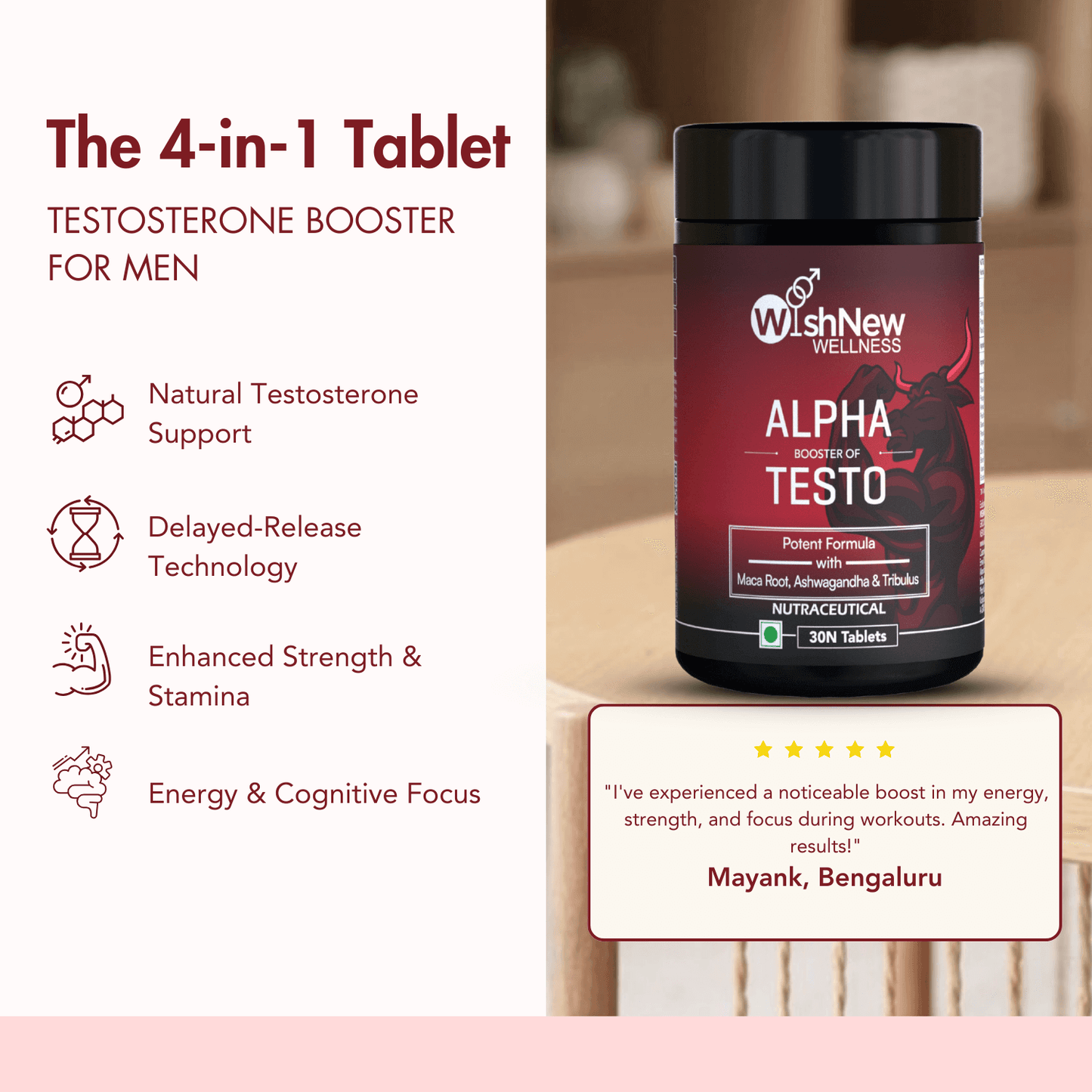 WishNew Wellness ALPHA BOOSTER OF TESTO | 30 Veg Tablets | Maca, Tribulus, Ginseng | Zinc & Vitamin D2 | Men's Health