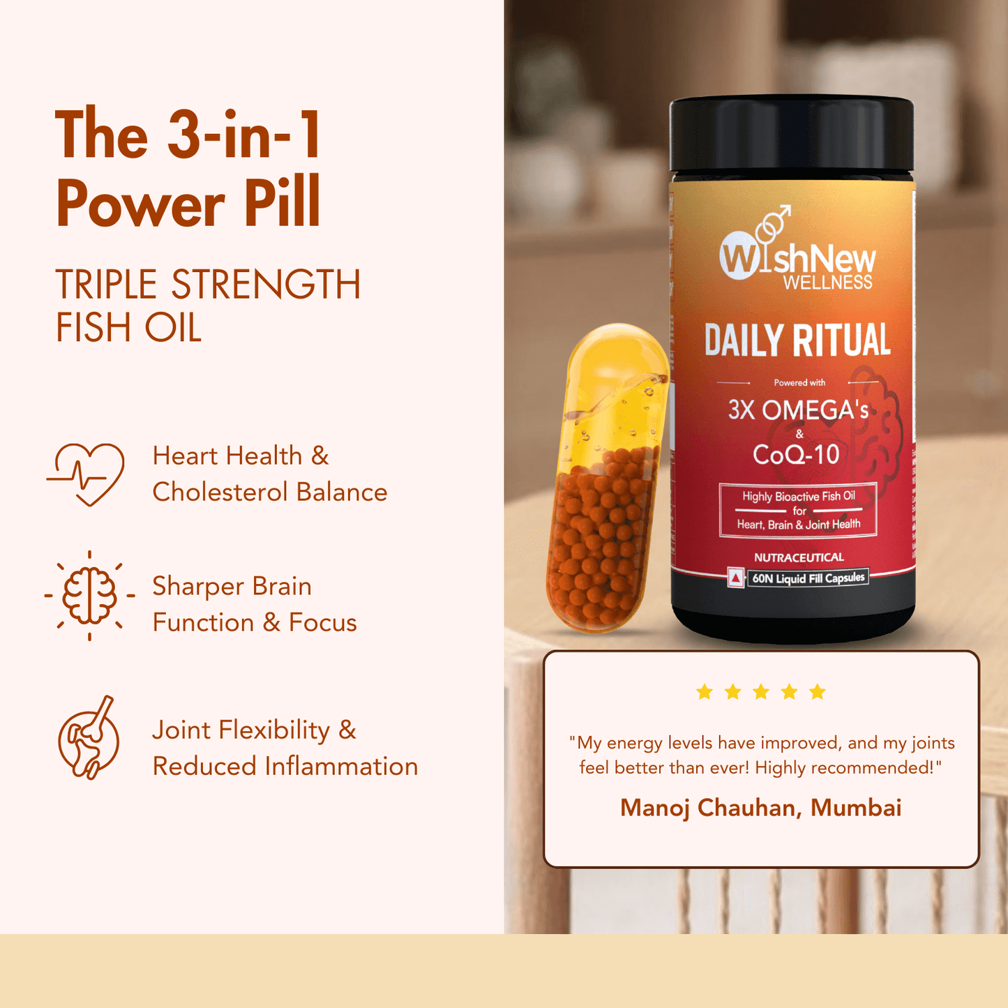 WishNew Wellness DAILY RITUAL with Triple Strength Fish Oil & CoQ-10 | Enhanced Heart & Brain Health | 60 Liquid Capsules with CoQ10 Pellets | High Potency Omega-3, EPA, DHA for Wellbeing
