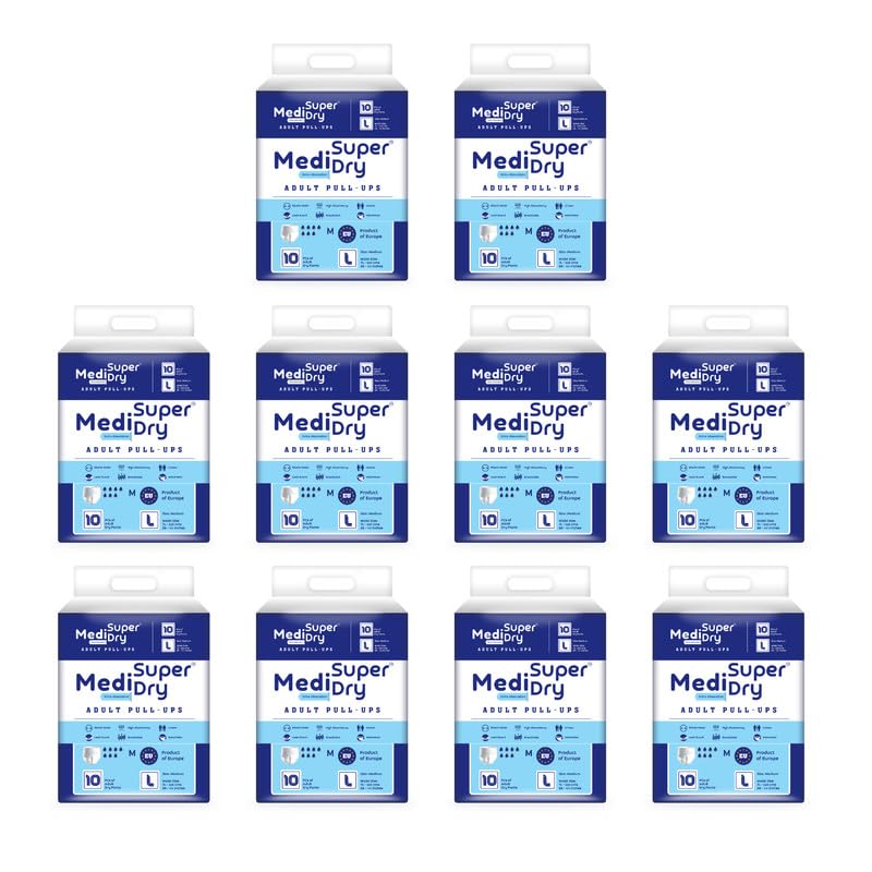 Medisuperdry Adult Diaper Pants | Large (L) |Waist 101-152 cm (40-60 inches) |High Absorbency -10 Hrs |RashFree |Leakproof |Breathable |Odourless |Elastic Waist |For Men & Women |100 Units, Pack of 10