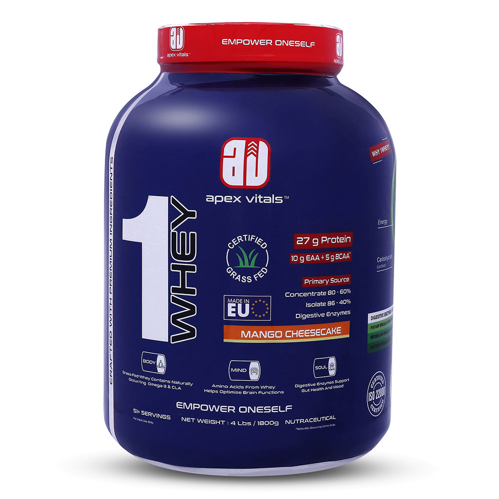 Apex Vitals 1 Whey - Grass-Fed Whey | 27g Protein, 10g EAA + 5g BCAA | Concentrate 80-60%, Isolate 86-40%, Digestive Enzymes | FDA, EFSA & FSSAI Certified|Mango Cheesecake - 4lbs