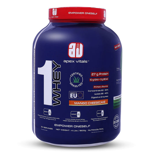Apex Vitals 1 Whey - Grass-Fed Whey | 27g Protein, 10g EAA + 5g BCAA | Concentrate 80-60%, Isolate 86-40%, Digestive Enzymes | FDA, EFSA & FSSAI Certified|Mango Cheesecake - 4lbs