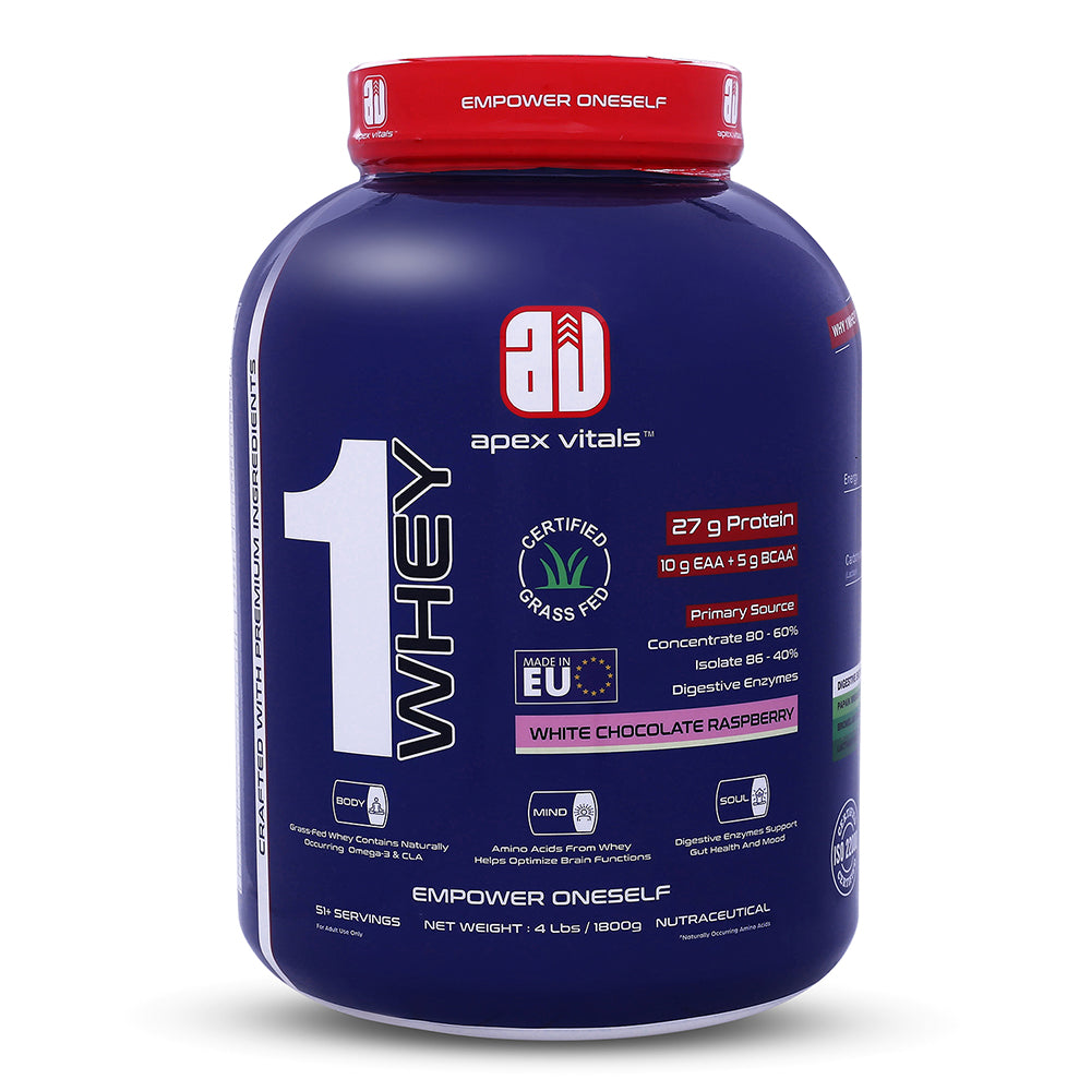 Apex Vitals 1 Whey - Grass-Fed Whey | 27g Protein, 10g EAA + 5g BCAA | Concentrate 80-60%, Isolate 86-40%, Digestive Enzymes | FDA, EFSA & FSSAI Certified|White Chocolate Raspberry - 4lbs