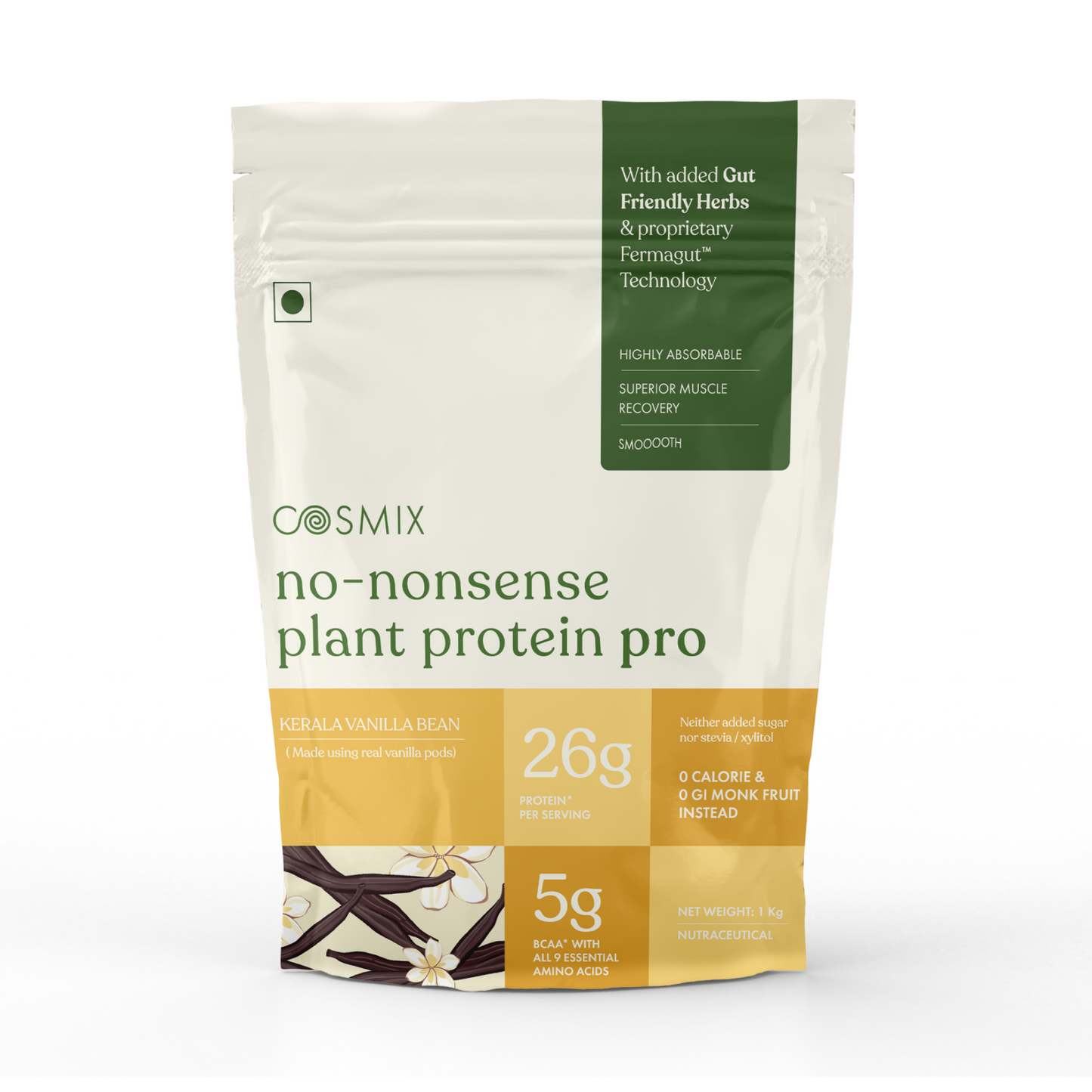 Cosmix No-Nonsense Plant Protein Pro | 26g Protein/Serve | Kerala Vanilla Bean | Yeast Powered Plant-Based Protein | PDCAAS of 1 | Light On Gut, Superior Muscle Recovery - 1kg