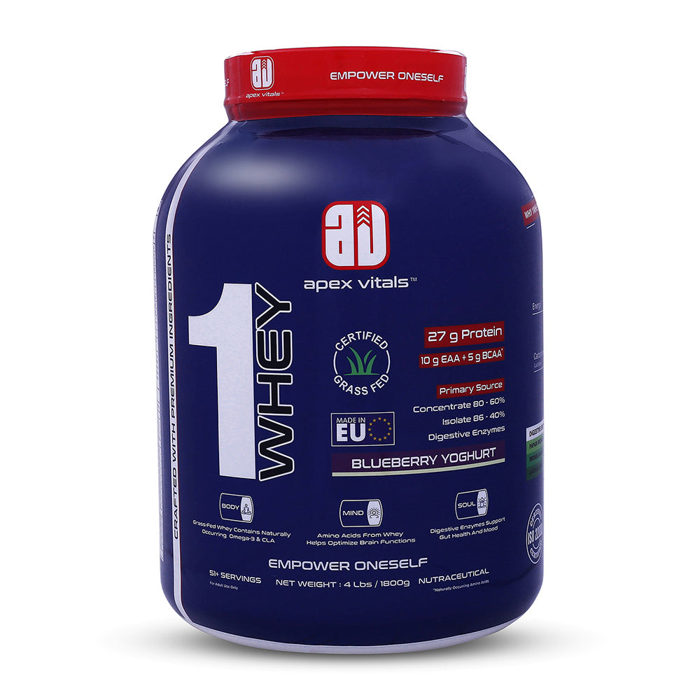 Apex Vitals 1 Whey - Grass-Fed Whey | 27g Protein, 10g EAA + 5g BCAA | Concentrate 80-60%, Isolate 86-40%, Digestive Enzymes | FDA, EFSA & FSSAI Certified|Blueberry Yogurt - 4lbs
