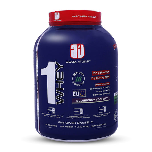 Apex Vitals 1 Whey - Grass-Fed Whey | 27g Protein, 10g EAA + 5g BCAA | Concentrate 80-60%, Isolate 86-40%, Digestive Enzymes | FDA, EFSA & FSSAI Certified|Blueberry Yogurt - 4lbs