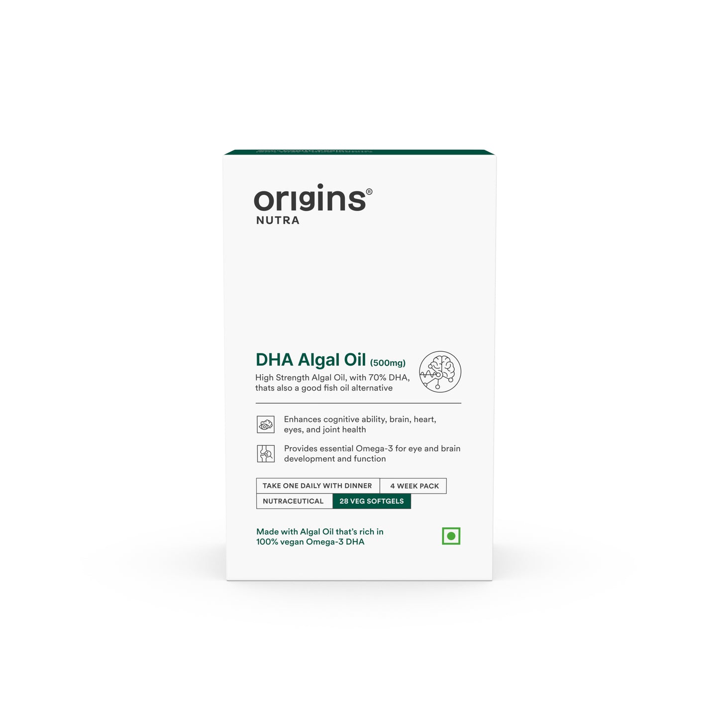 Origins Nutra DHA Algal Oil |Plant-Based High Strength 70% Omega 3 DHA, Improves Memory, Brain & Eye Health |Healthy Aging| Plant Based |GMP Certified | Non-GMO |For Men & Women | 28 Softgels | 4 Weeks Pack