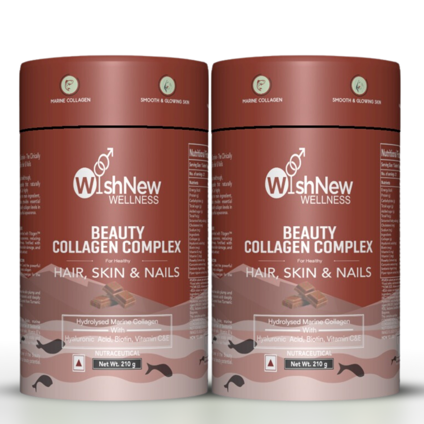 WishNew Wellness BEAUTY COLLAGEN COMPLEX | Enhanced Hair, Skin, Nails Health | 21 Servings of Nutrient-Rich Sachets | Hyaluronic Acid, Biotin, Vitamins C & E | Natural Chocolate Flavor Pack of 2