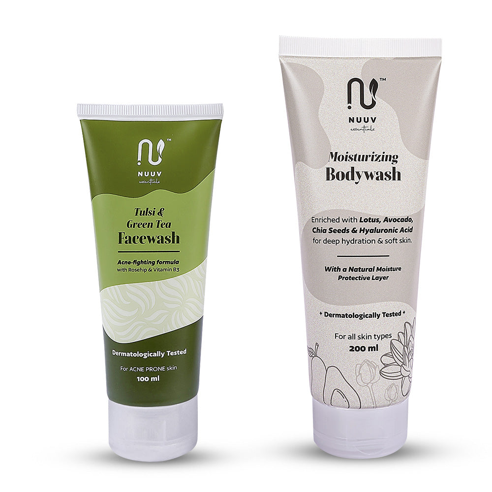 Nuuv Essential Combo - Tulsi & Green Tea Facewash & Moisturizing Bodywash | Daily Glow Duo | Vegan | Paraben-Free | Glow and Hydration | For All Skin Types | 100ml + 200ml
