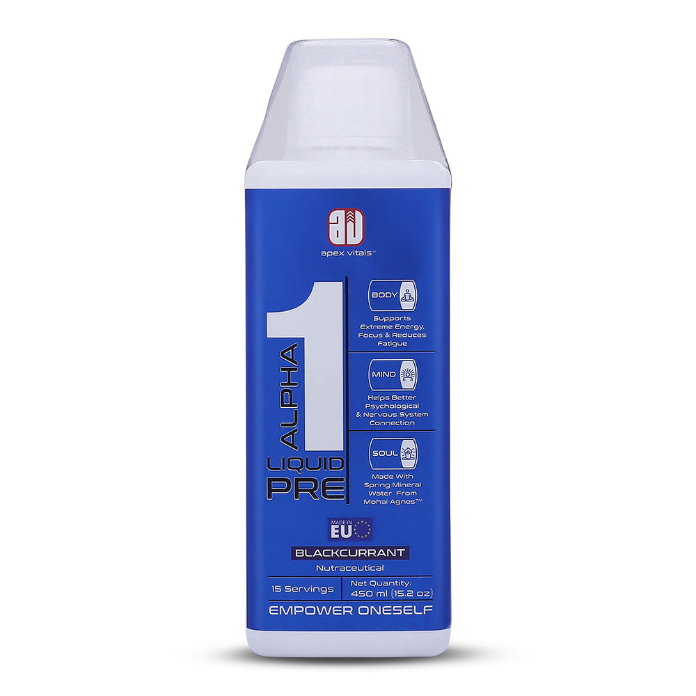 Apex Vitals Alpha 1 Liquid Pre Sports RTD|Made In Europe|FDA,EFSA & FSSAI Certified|Natural Spring Water(Mohai Agnes),Beta Alanine,Taurine,Naicin & Caffeine|Energy,Focus & Performance|BlackCurrant Flavour