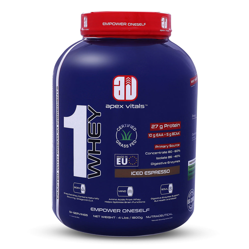 Apex Vitals 1 Whey - Grass-Fed Whey | 27g Protein, 10g EAA + 5g BCAA | Concentrate 80-60%, Isolate 86-40%, Digestive Enzymes | FDA, EFSA & FSSAI Certified|Iced Espresso - 4lbs