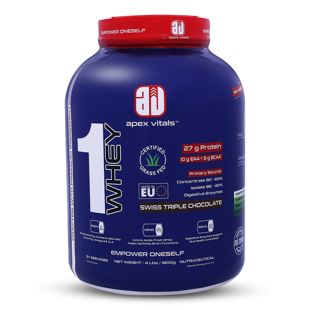Apex Vitals 1 Whey - Grass-Fed Whey | 27g Protein, 10g EAA + 5g BCAA | Concentrate 80-60%, Isolate 86-40%, Digestive Enzymes | FDA, EFSA & FSSAI Certified|Swiss Triple Chocolate - 4lbs