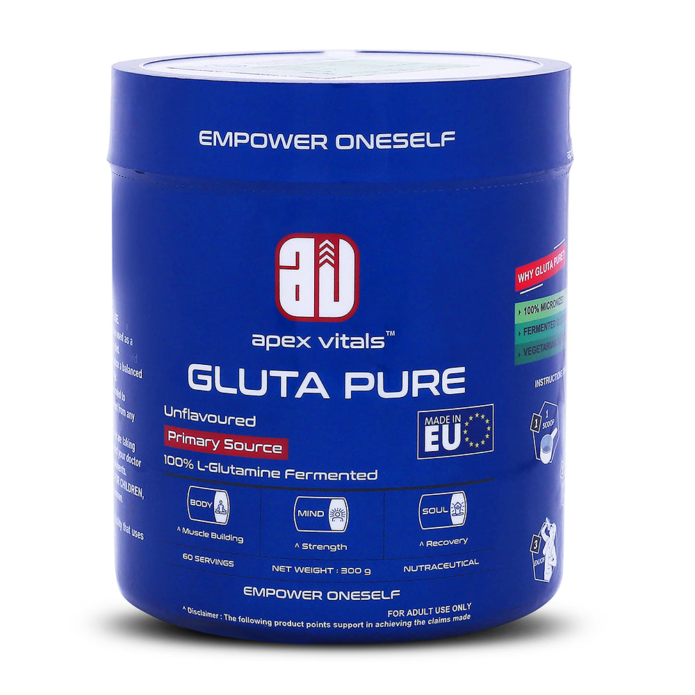 Apex Vitals Gluta Pure L Glutamine 300 G - 60 Ser | German made | Pharma Grade | Made In Europe | FDA, EFSA & FSSAI Certified | Fermented & 100% Micronized | No Chemical Processing & Vegetarian Source
