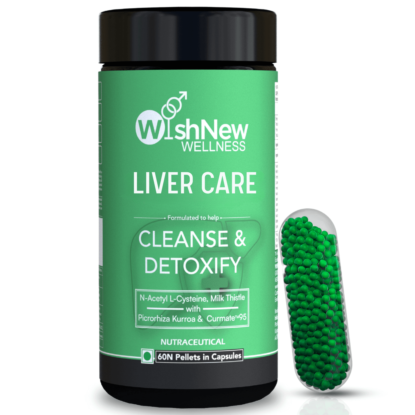 WishNew Wellness Liver Care Supplement - Detox & Support with NAC, Milk Thistle, Picrorhiza, Curmate™ 95, Vitamins E & D2, 60 Caps | Fit Health Fatty Liver Care | Suitable for Men & Women