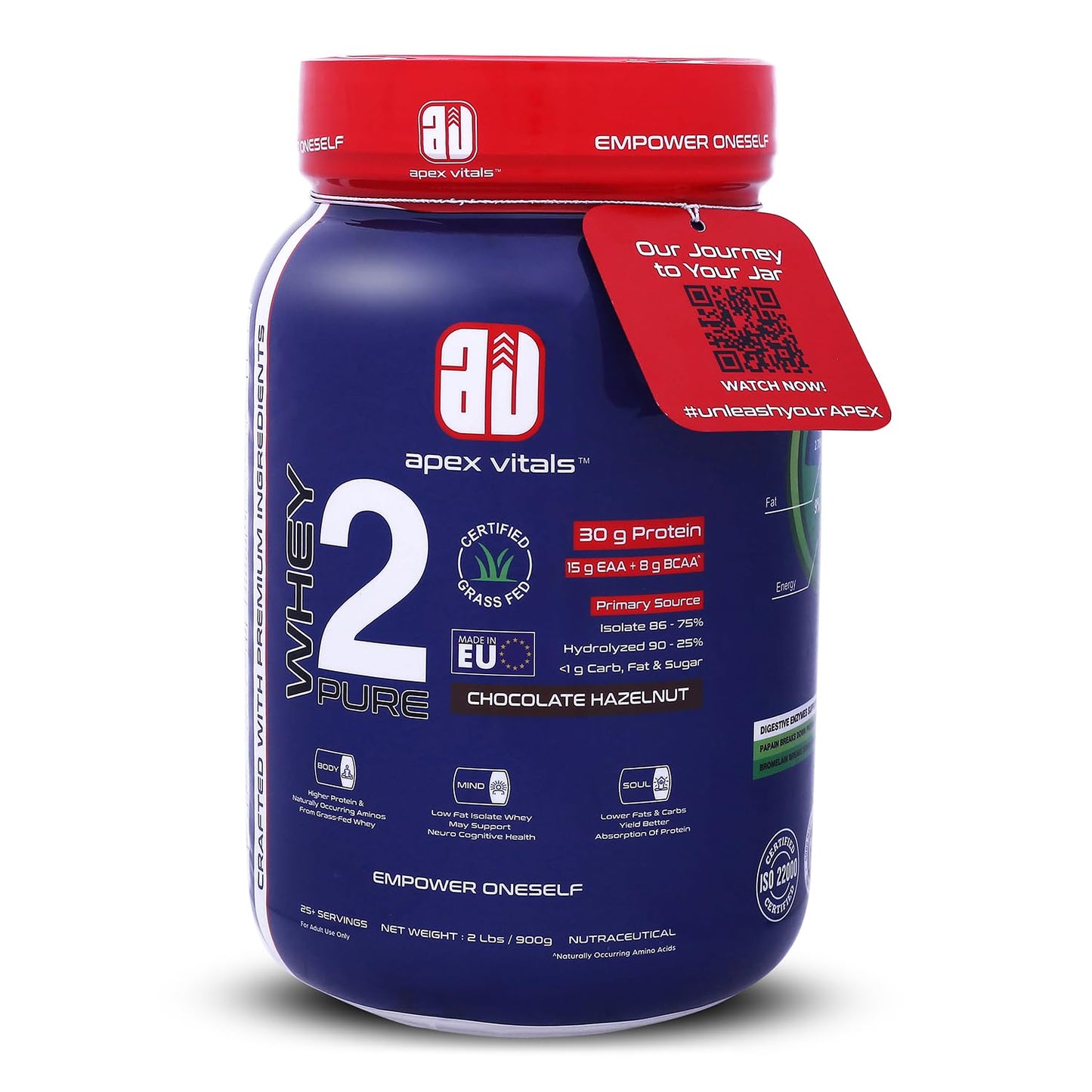 Apex Vitals Whey 2 Pure | Grass-fed Whey made in EU | Whey Isolate & Hydrolyzed | 30g protein, 15g EAA+8g BCAA | Digestive Enzymes | Muscle Build & Recovery | 900gm (2lbs)- 25+ Ser | Chocolate Hazelnut