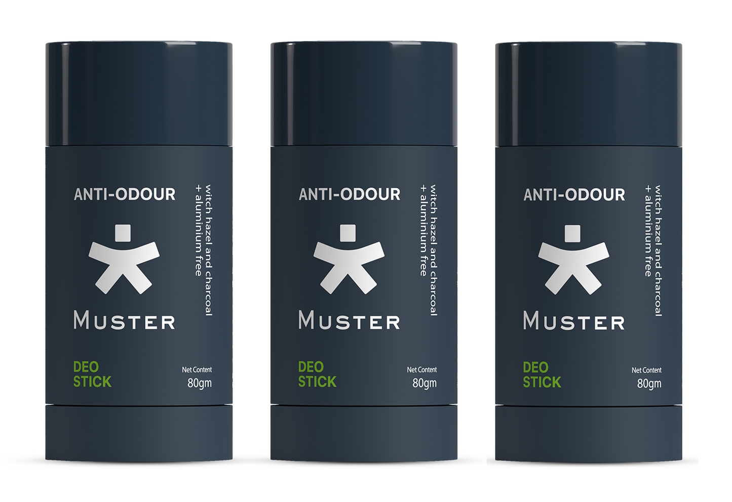 Muster Anti-Odour Deo Stick for Men | Aluminium-Free | Natural Charcoal & Witch Hazel | 80 gm | Long-Lasting Freshness (Pack of 3)