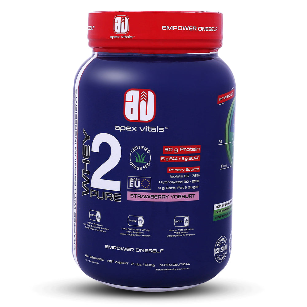 Apex Vitals Whey 2 Pure - Grass-Fed Whey Made in EU | Whey Isolate & Hydrolyzed | 30g Protein, 15g EAA, 8g BCAA | Digestive Enzymes | Muscle Build & Recovery |Strawberry Yogurt - 900g 2lbs, Shakers, Samples
