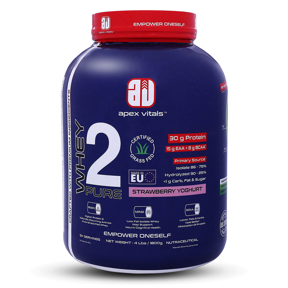 Apex Vitals Whey 2 Pure - Grass-Fed Whey Made in EU | Whey Isolate & Hydrolyzed | 30g Protein, 15g EAA + 8g BCAA | Digestive Enzymes | Muscle Build & Recovery |Strawberry Yogurt - 1800g (4lbs)