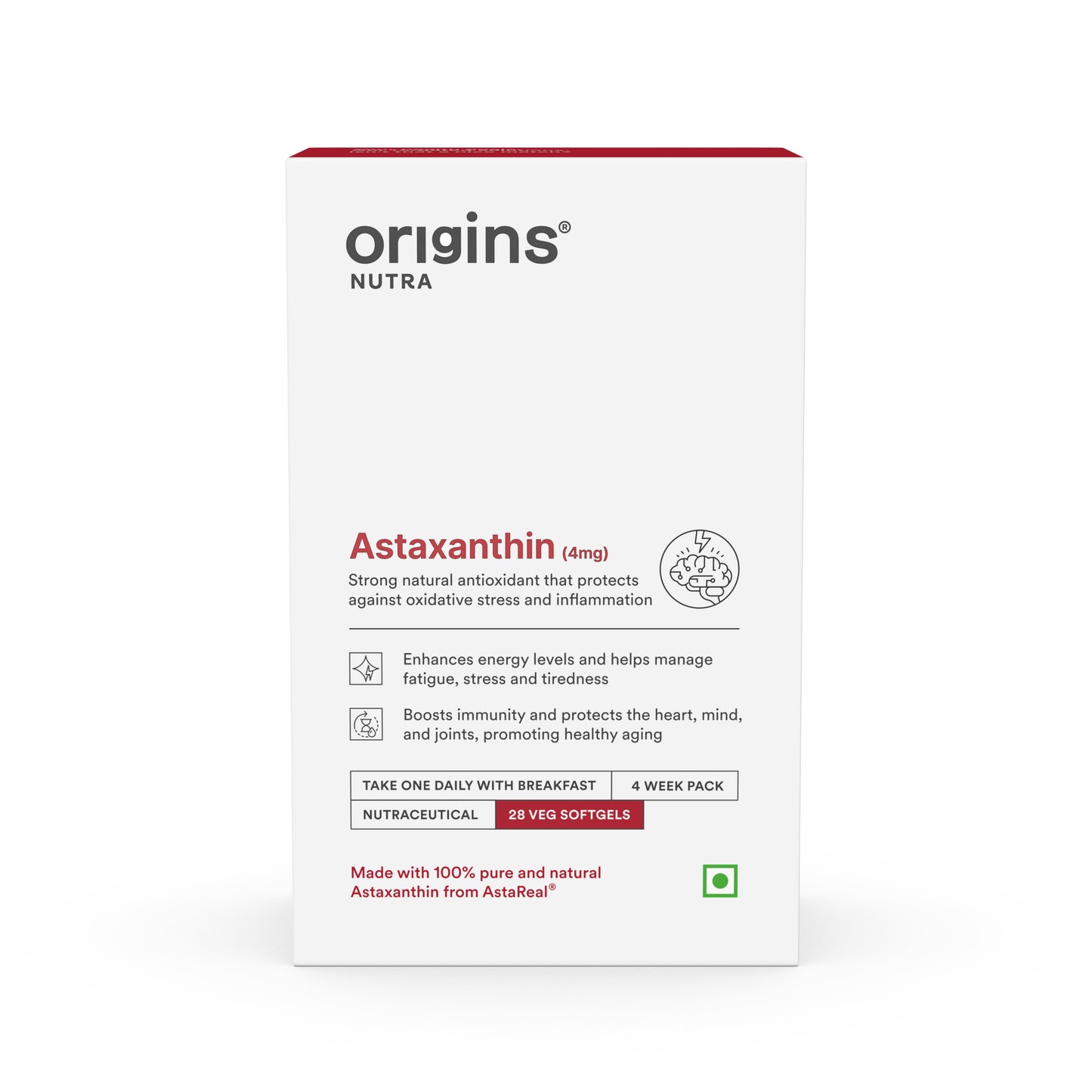 Origins Nutra Astaxanthin | Super Antioxidant, UV Protection, Heart, Skin & Eye Health, Joint Support | AstaReal® | GMP Certified| Non-GMO | For Men & Women| 28 Veg Softgel | Pack of 3 4 Weeks