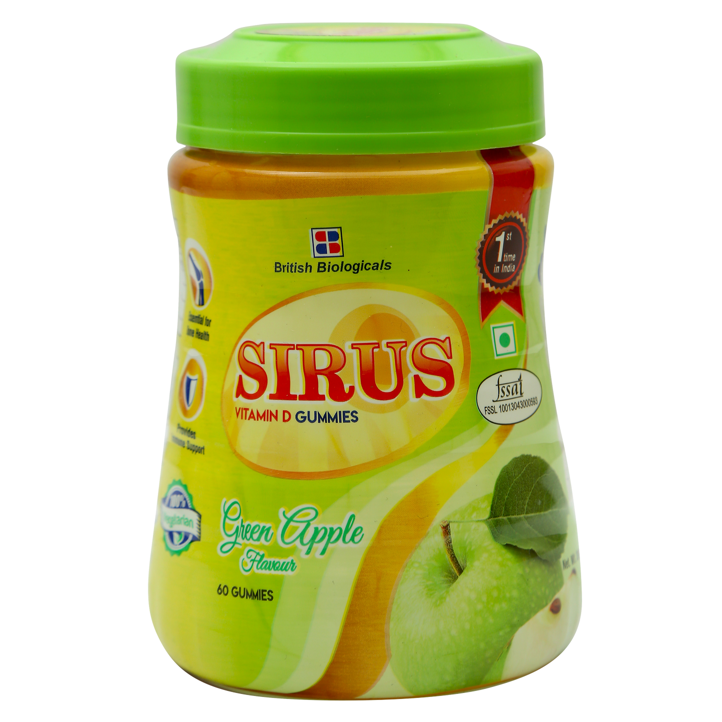 Sirus Vitamin D3-60 Gummies for Women & Men - Supports Immunity, Bones, Teeth, Brain and Nervous System - Gluten Free - Green Apple Flavor - British Biologicals