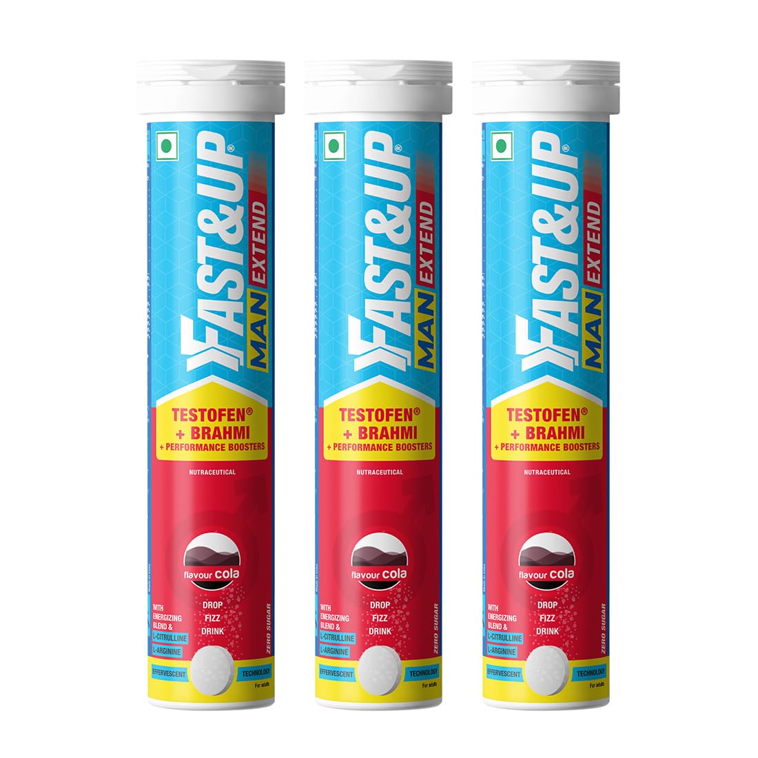 Fast&Up Man Extend | Testofen® Fenugreek Extract |Nitric Oxide Booster + Energizing Blend | Shatavari | Brahmi| Helps Improve Vitality & Stamina | Pack of 60 Effervescent (Cola Flavour)
