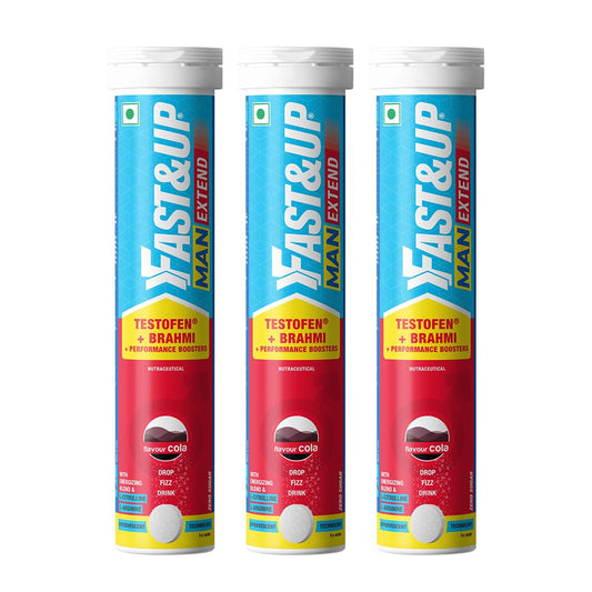 Fast&Up Man Extend | Testofen® Fenugreek Extract |Nitric Oxide Booster + Energizing Blend | Shatavari | Brahmi| Helps Improve Vitality & Stamina | Pack of 60 Effervescent (Cola Flavour)