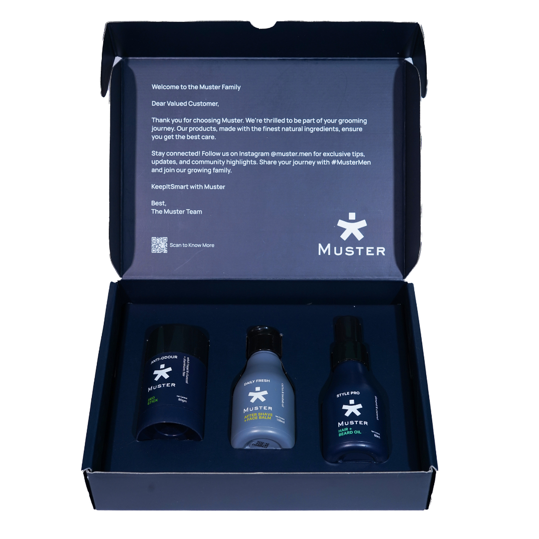 Muster Men Grooming Essentials Gift Box | After Shave Face Balm (100 ml) | Anti-Odour Deo Stick (80 g) | Style Pro Hair & Beard Oil Spray (80 ml) | Premium Grooming Kit for Men | Gift Set for Him