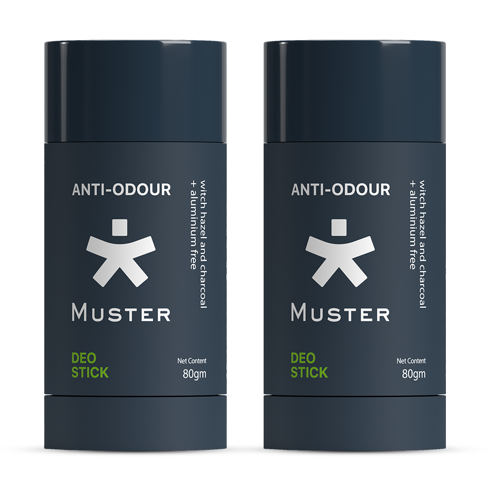 Muster Anti-Odour Deo Stick for Men | Aluminium-Free | Natural Charcoal & Witch Hazel | 80 gm | Long-Lasting Freshness (Pack of 2)