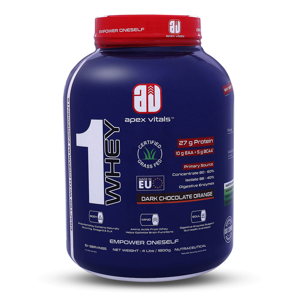 Apex Vitals 1 Whey - Grass-Fed Whey | 27g Protein, 10g EAA + 5g BCAA | Concentrate 80-60%, Isolate 86-40%, Digestive Enzymes | FDA, EFSA & FSSAI Certified|Dark Chocolate Orange- 4lbs