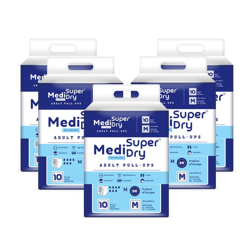 Medisuperdry Adult Diaper Pants | Medium (M) |Waist 71-110 cm (28-44 inches) |High Absorbency -10 Hrs |Rash-Free |Leakproof |Breathable |Odourless |Elastic Waist |For Men & Women | 50 Units, Pack of 5