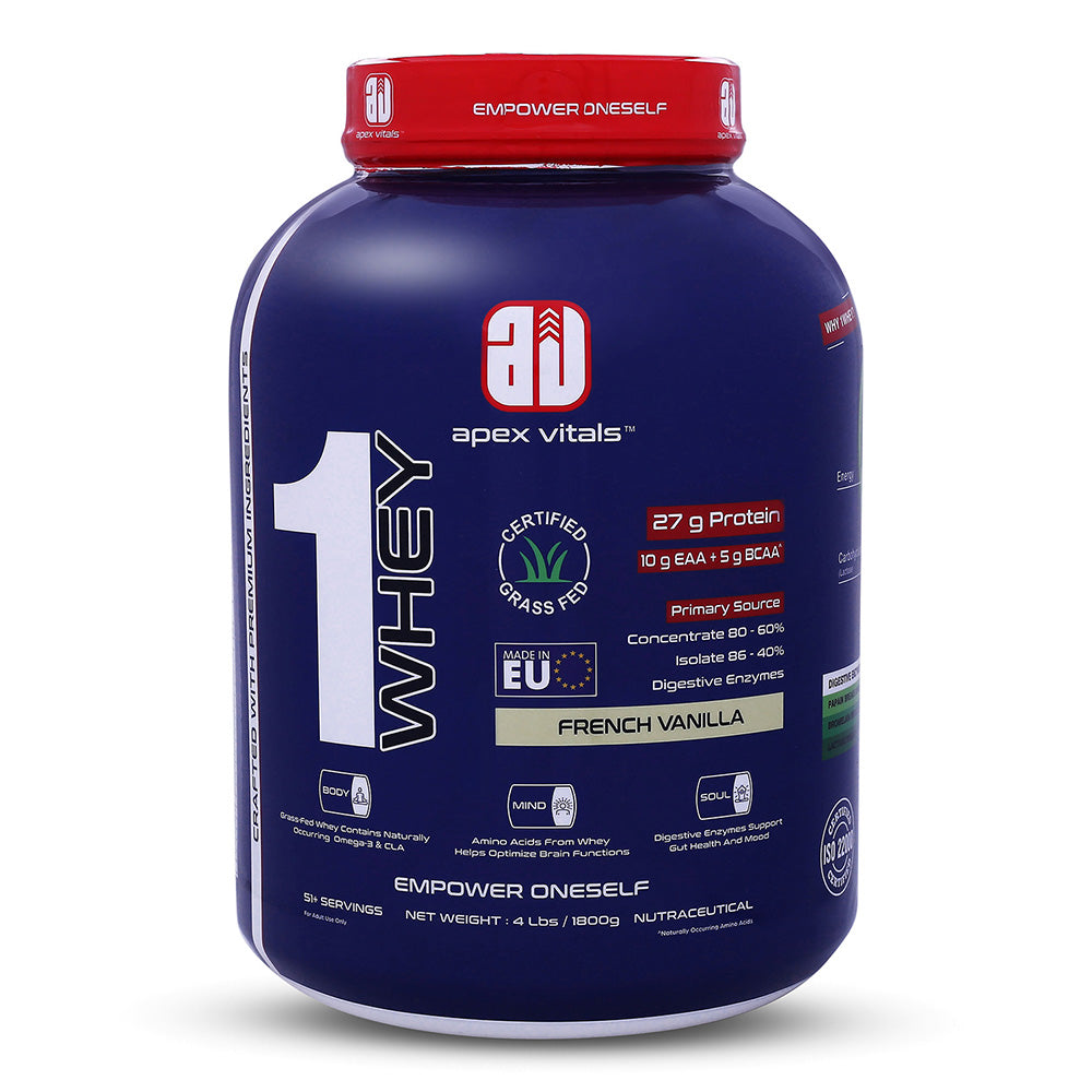 Apex Vitals 1 Whey - Grass-Fed Whey | 27g Protein, 10g EAA + 5g BCAA | Concentrate 80-60%, Isolate 86-40%, Digestive Enzymes | FDA, EFSA & FSSAI Certified|French Vanilla - 4lbs