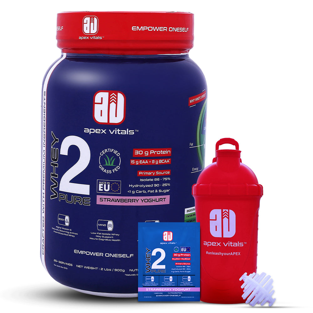 Apex Vitals Whey 2 Pure - Grass-Fed Whey Made in EU | Whey Isolate & Hydrolyzed | 30g Protein, 15g EAA, 8g BCAA | Digestive Enzymes | Muscle Build & Recovery |Strawberry Yogurt - 900g 2lbs, Shakers, Samples