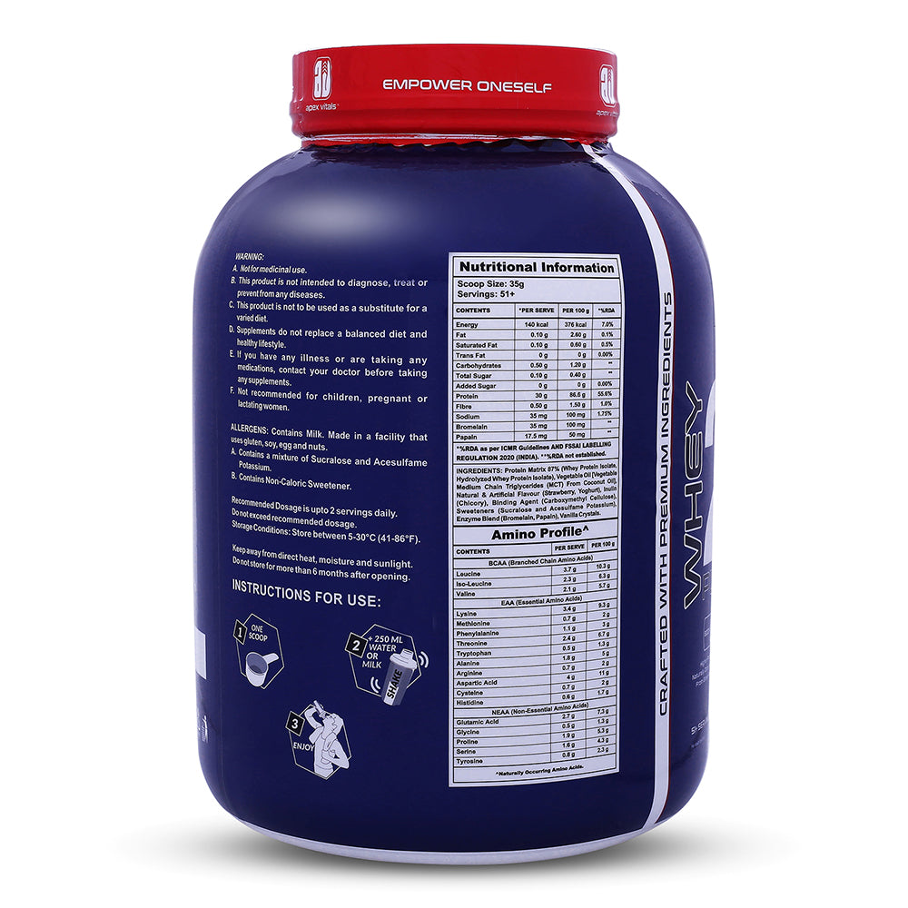 Apex Vitals Whey 2 Pure - Grass-Fed Whey Made in EU | Whey Isolate & Hydrolyzed | 30g Protein, 15g EAA + 8g BCAA | Digestive Enzymes | Muscle Build & Recovery |Strawberry Yogurt - 1800g (4lbs)