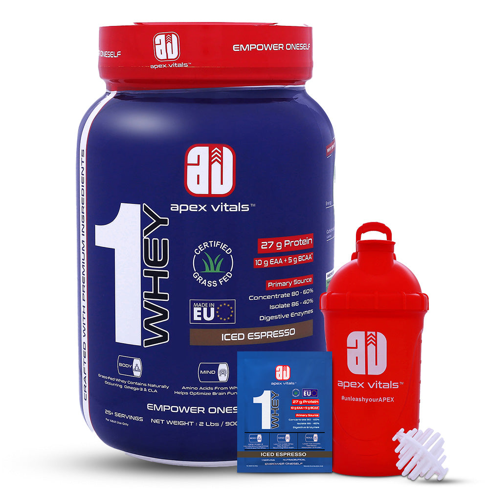 Apex Vitals 1 Whey - Grass-Fed Whey | 27g Protein, 10g EAA, 5g BCAA | Concentrate 80-60%, Isolate 86-40%, Digestive Enzymes | FDA, EFSA & FSSAI Certified|Iced Espresso - 2lbs, Shakers, Samples