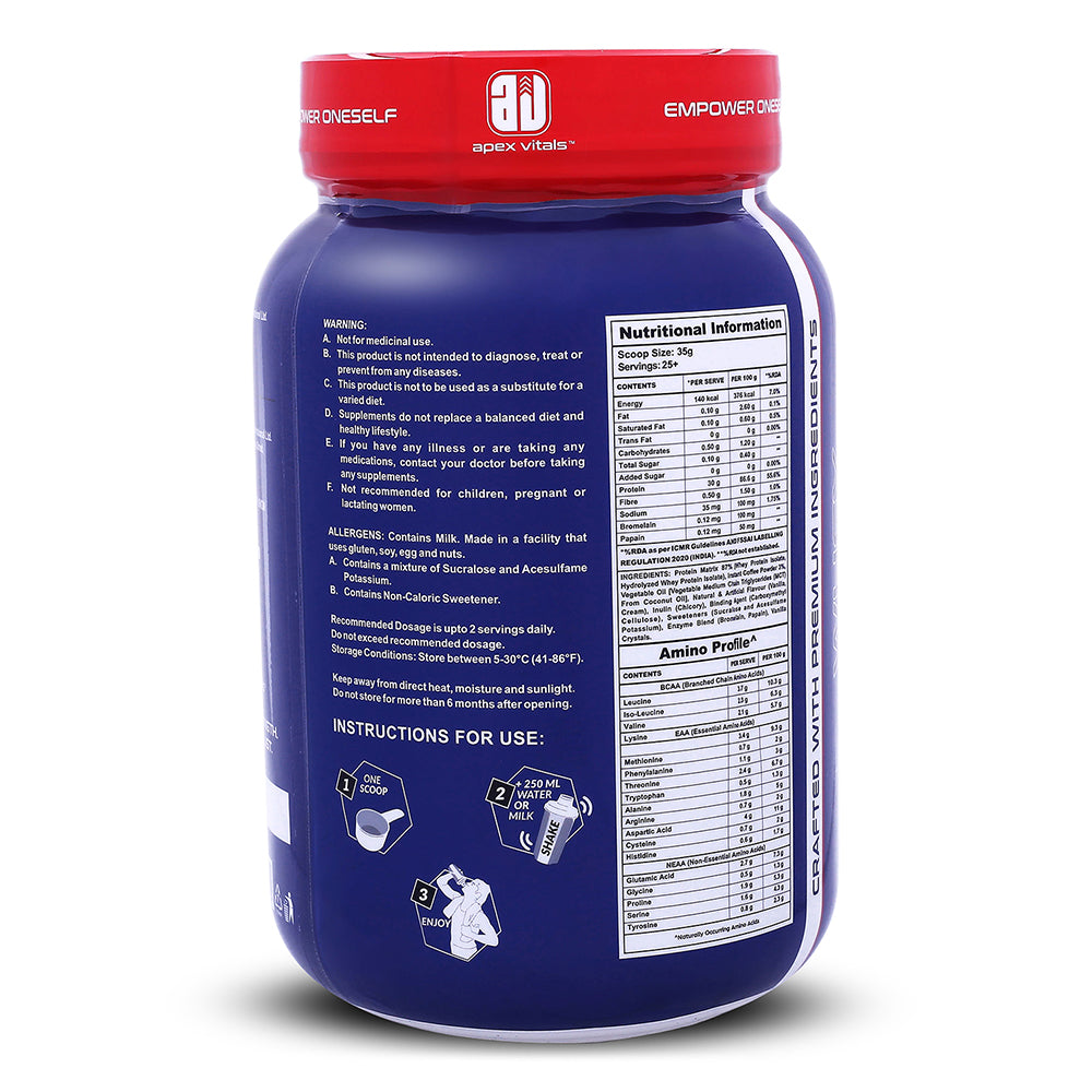 Apex Vitals Whey 2 Pure| Grass-fed Whey made in EU| Whey Isolate & Hydrolyzed| 30g protein, 15g EAA+8g BCAA| Digestive Enzymes| Muscle Build & Recovery| 900gm(2lbs)- 25+ Ser| Italian Coffee Creme