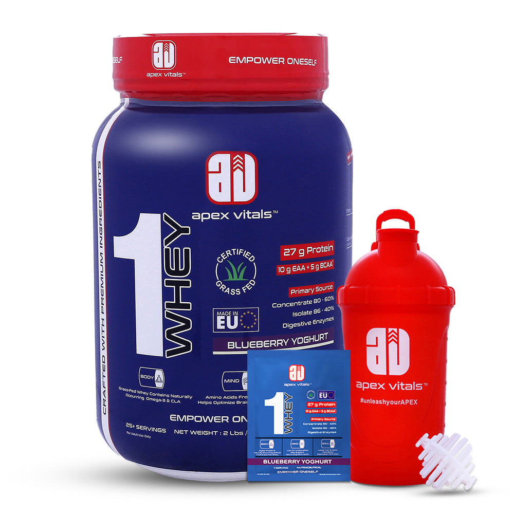 Apex Vitals 1 Whey | Grass-Fed Whey | Made In Europe | FDA,EFSA & FSSAI Certified | 23g Protein, 13g EAA, BCAA | Concentrate 60%, Isolate 40%,Digestive Enzymes | 2Kg-67 Ser-Blueberry Yoghurt 2 Lbs, Shakers, Samples