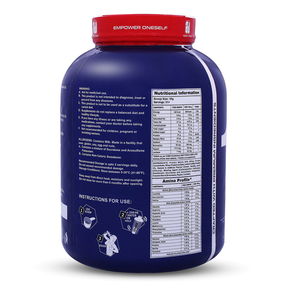 Apex Vitals 1 Whey - Grass-Fed Whey | 27g Protein, 10g EAA + 5g BCAA | Concentrate 80-60%, Isolate 86-40%, Digestive Enzymes | FDA, EFSA & FSSAI Certified|Iced Espresso - 4lbs