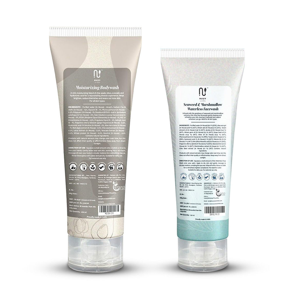 Nuuv Essential Combo - Waterless Facewash & Moisturizing Bodywash | Hydra Glow Duo | Vegan | Paraben-Free | Glow and Hydration | For All Skin Types | 100ml + 200ml