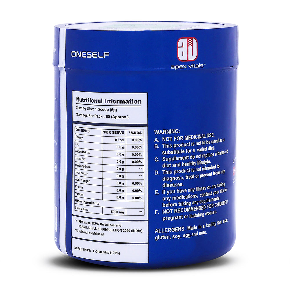 Apex Vitals Gluta Pure L Glutamine 300 G - 60 Ser | German made | Pharma Grade | Made In Europe | FDA, EFSA & FSSAI Certified | Fermented & 100% Micronized | No Chemical Processing & Vegetarian Source