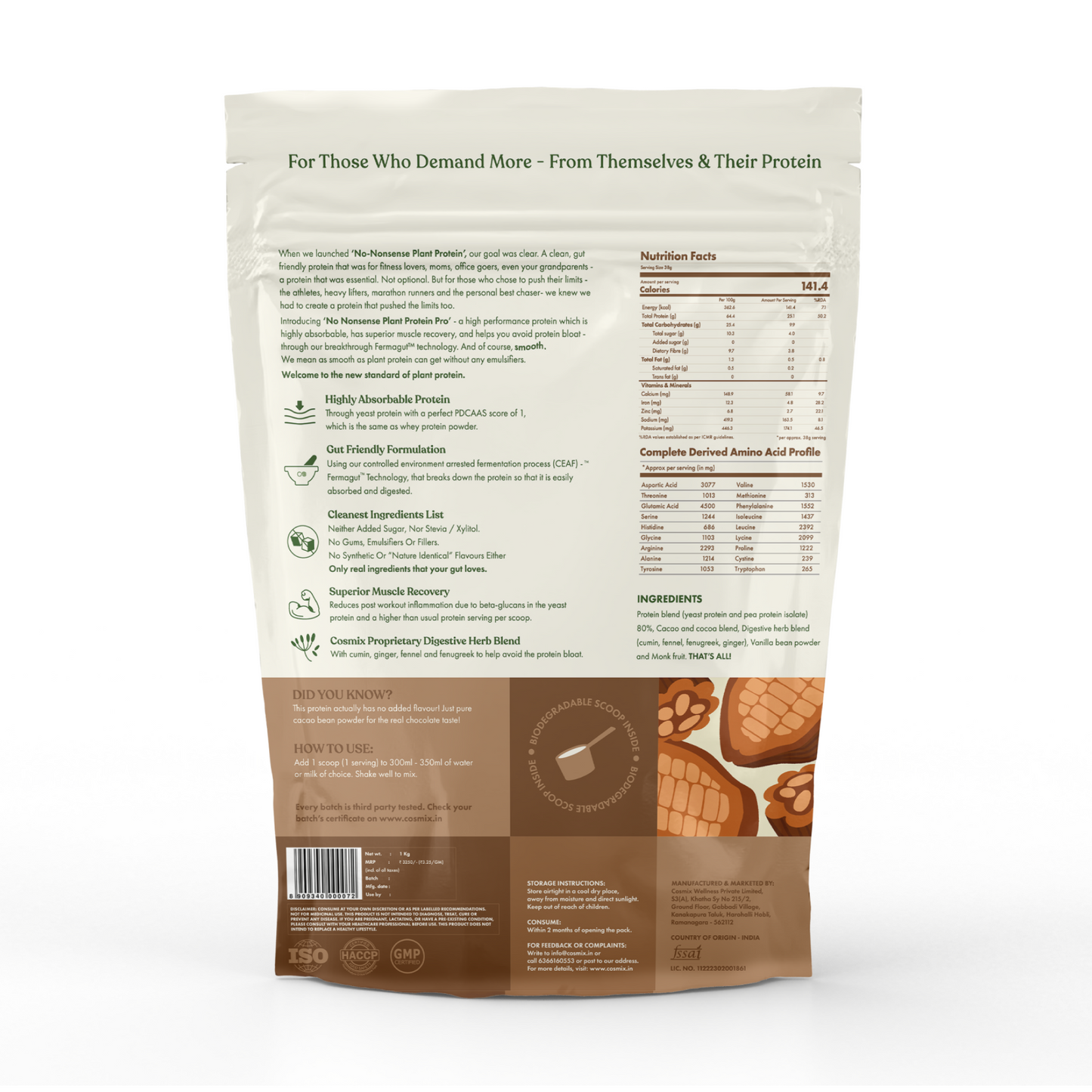Cosmix No-Nonsense Plant Protein Pro | 26g Protein/Serve | Indonesian Cacao | Yeast Powered Plant-Based Protein | PDCAAS of 1 | Light On Gut, Superior Muscle Recovery - 1kg