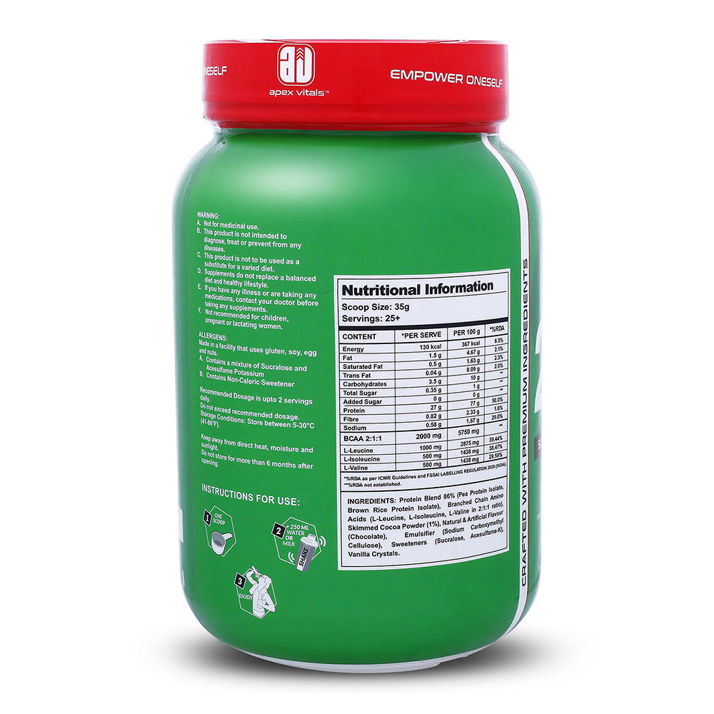 Apex Vitals 2 Plant Life| Plant Protein Powder for Men & Women| Organic Pea & Brown Rice Isolate| 27g protein + 2000mg BCCA| Made in EU| FDA, EFSA & FSSAI Approved| Super Chocolate- 2 lbs.