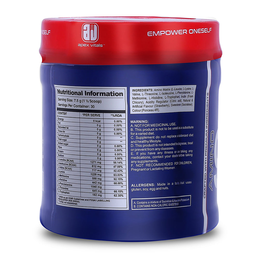 Apex Vitals Amino 9 | All 9 essential amino acids | Pre/Intra Workout Supplement | 4.9g EAA+2.6g BCAA | Natural & Fermented Plant Derived | 225g - 30 servings | Strawberry Margarita