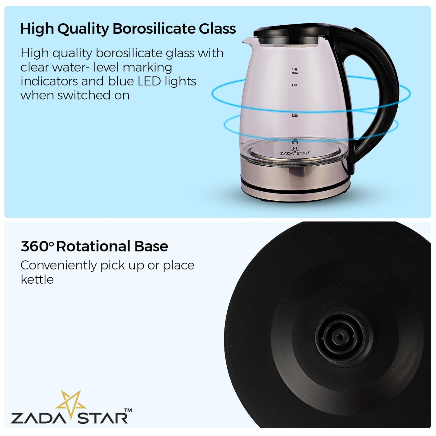 ZADASTAR 1.8L ZS GLASS KETTLE | 1500W | Borosilicate Glass | 1 Year Free Replacement Warranty