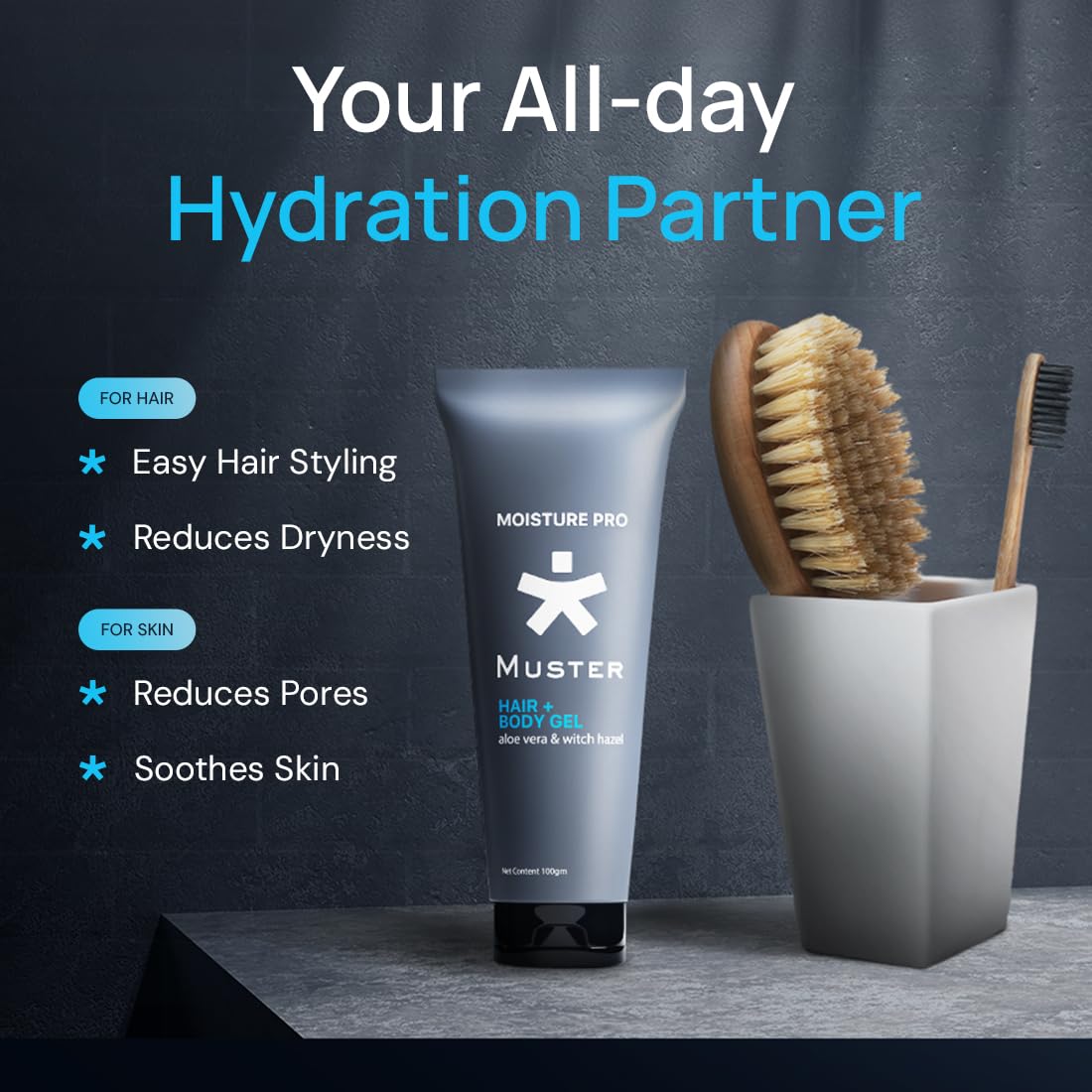 Muster Moisture Pro Hair & Body Gel | 100 ML | Nourishing All-Day Hydration | Aloe Vera Gel | Witch Hazel Extract | Oil Control | Reduces Dryness (Pack of 2)