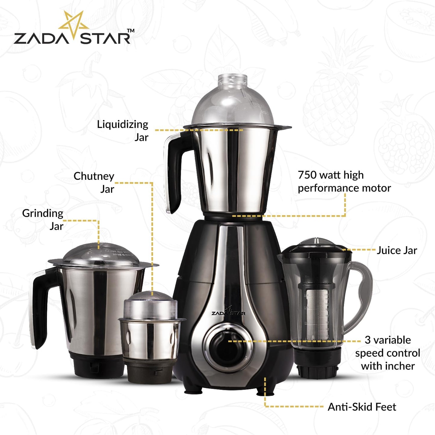 ZADASTAR ZS EXOTIC 750W Juicer Mixer Grinder | 4 Jars | Black and Silver | Overload Protection | 1 Year Replacement Warranty
