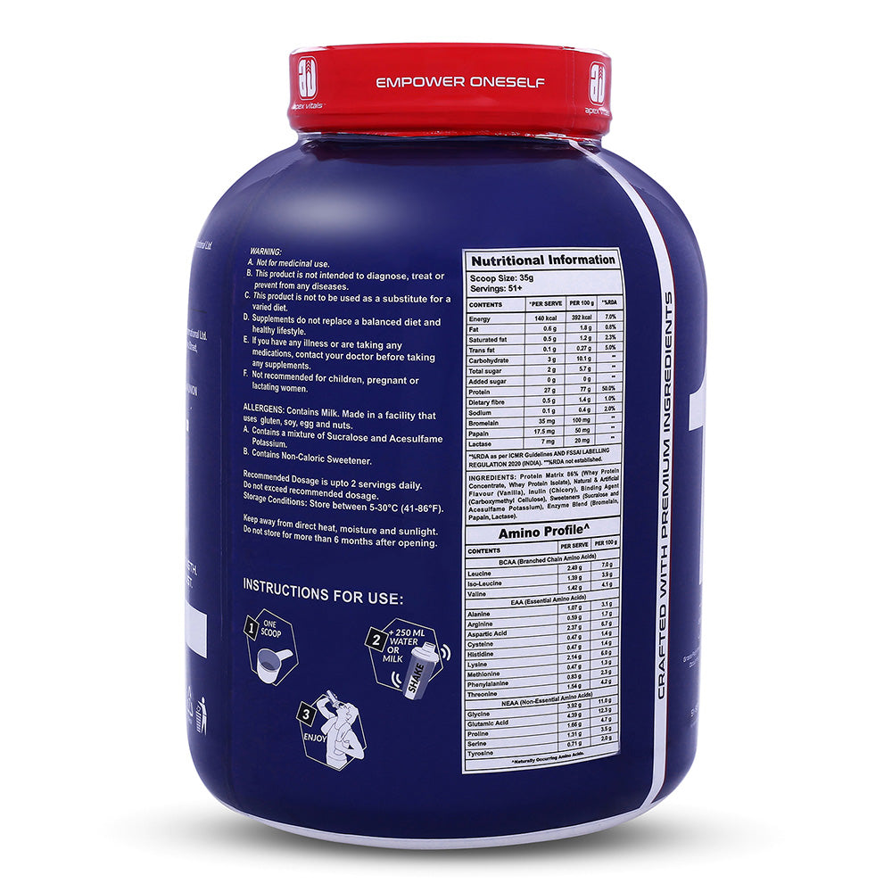Apex Vitals 1 Whey - Grass-Fed Whey | 27g Protein, 10g EAA + 5g BCAA | Concentrate 80-60%, Isolate 86-40%, Digestive Enzymes | FDA, EFSA & FSSAI Certified|French Vanilla - 4lbs