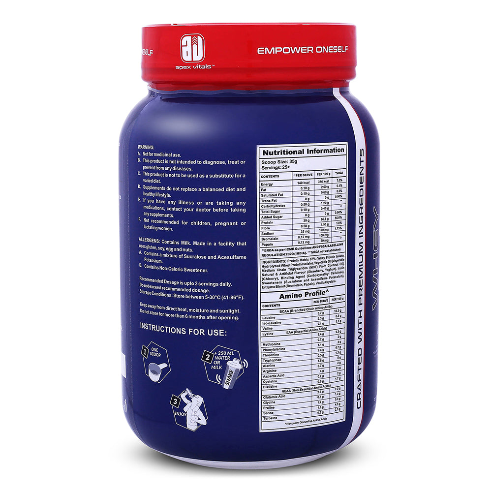 Apex Vitals Whey 2 Pure | Grass-fed Whey made in EU | Whey Isolate & Hydrolyzed | 30g protein, 15g EAA+8g BCAA | Digestive Enzymes | Muscle Build & Recovery | 900gm (2lbs) - 25+ Ser | Strawberry Yogurt