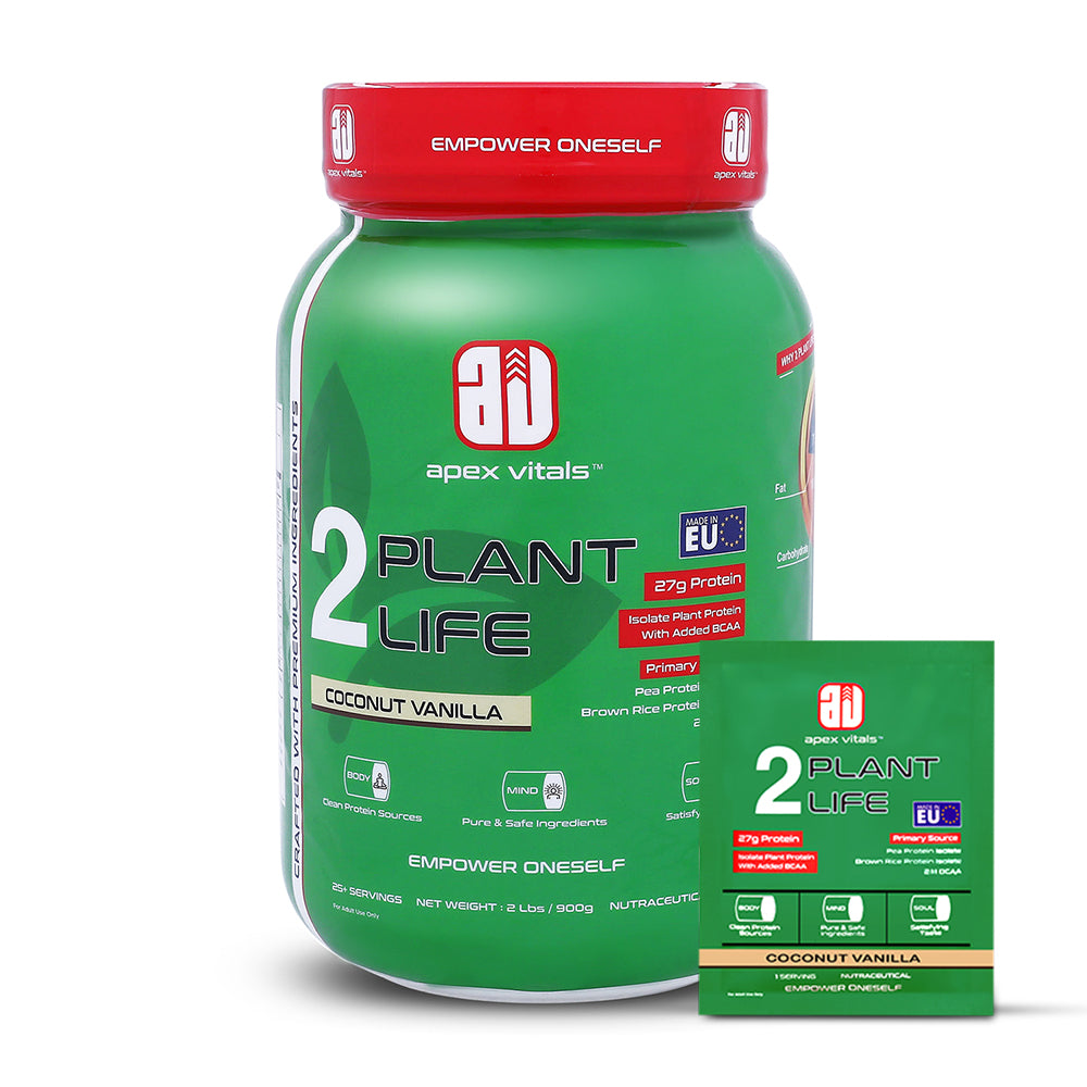 Apex Vitals 2 Plant Life - Natural Vegan Plant Protein Powder | Pea & Brown Rice Isolate|27g Protein, 2000mg BCAA| Easy to Digest |FDA, EFSA & FSSAI Certified |Vegan| Coconut Vanilla - 2 lbs, Shaker, Samples