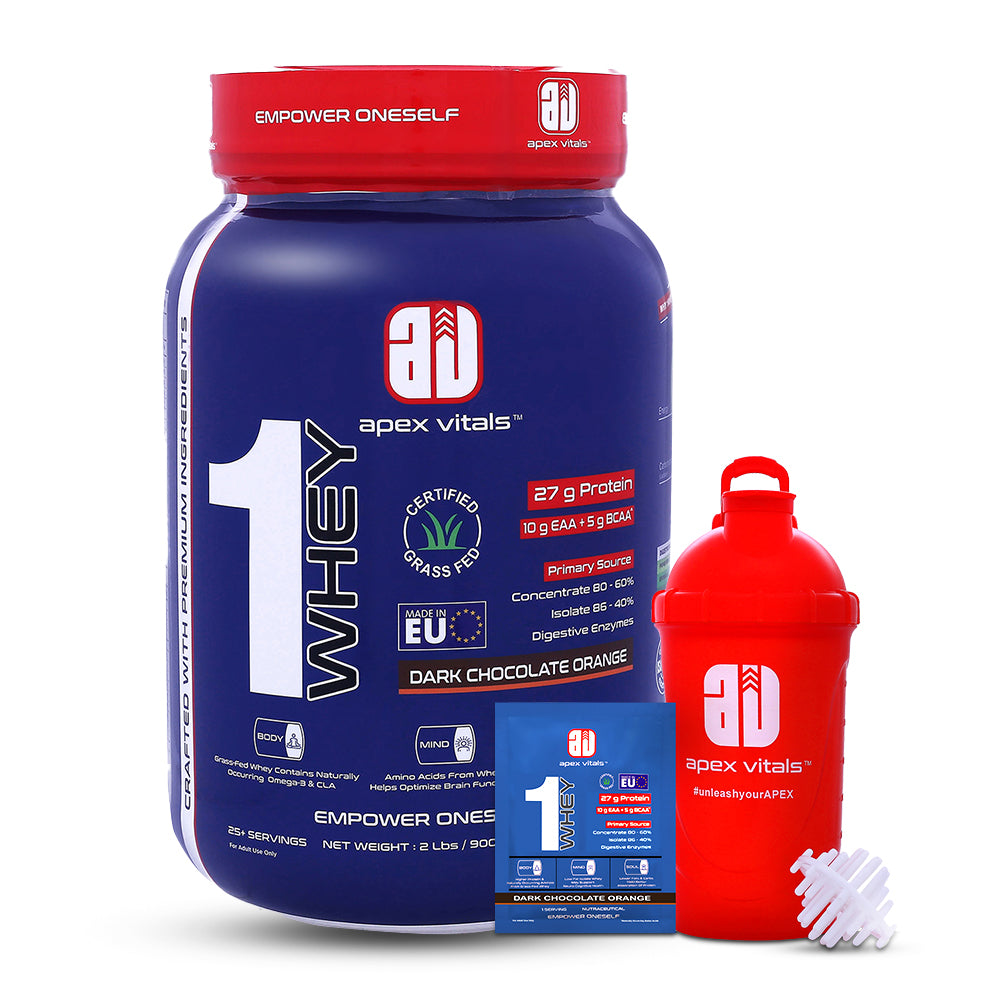 Apex Vitals 1 Whey - Grass-Fed Whey | 27g Protein, 10g EAA, 5g BCAA | Concentrate 80-60%, Isolate 86-40%, Digestive Enzymes | FDA, EFSA & FSSAI Certified|Dark Chocolate Orange- 2lbs, Shakers, Samples